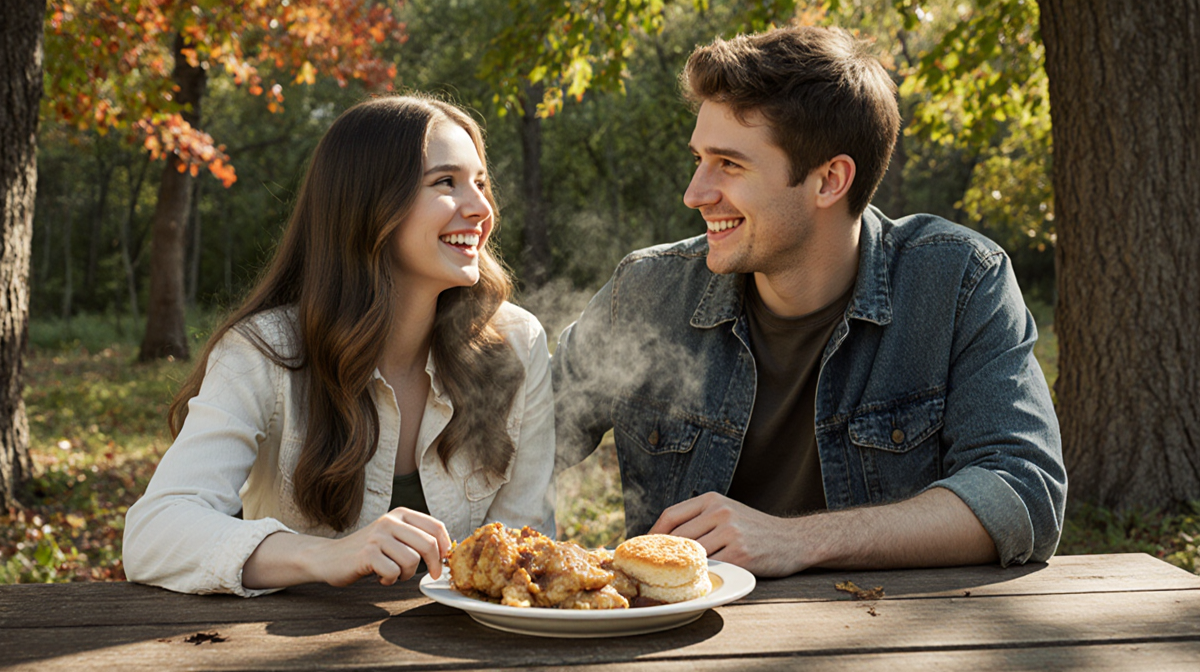 Madison LeCroy and Austen Kroll laughing while sharing comfort food at rustic table with soft sunlight and autumn greenery.