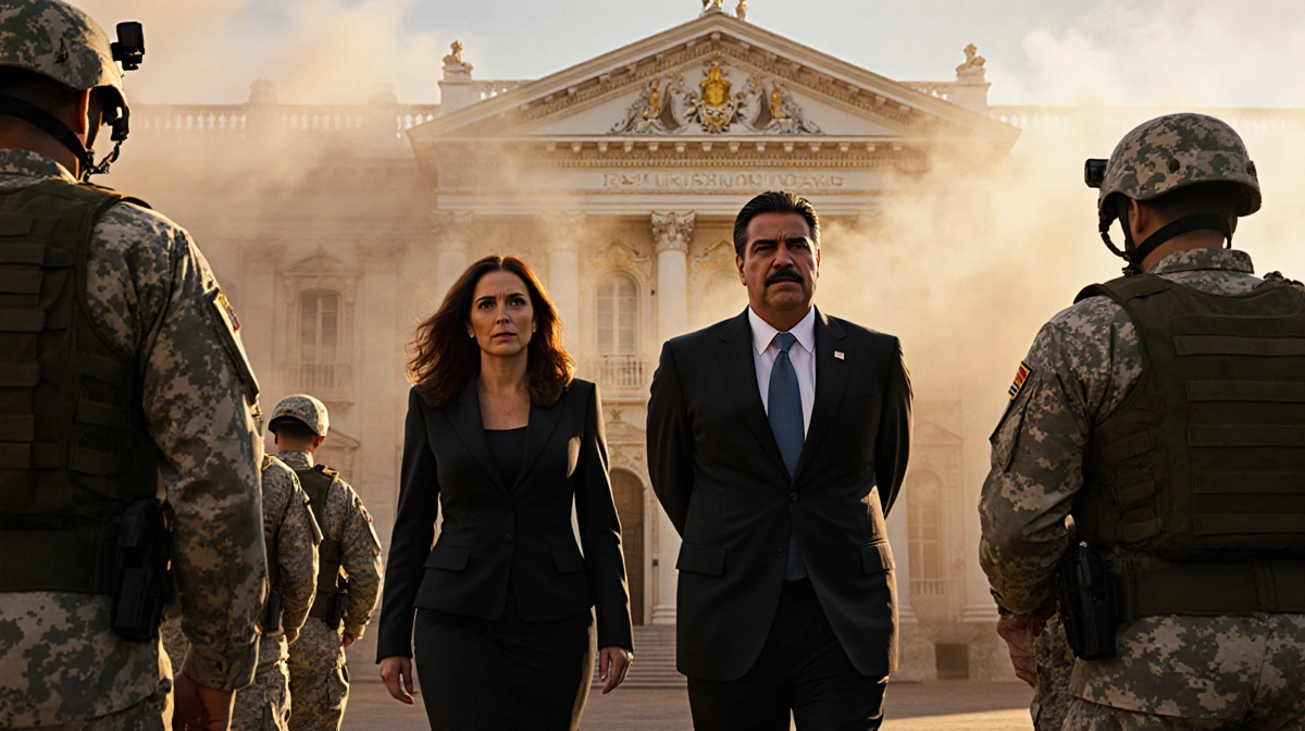 Maduro and Flores walking out with US soldiers and Casa de Nariño looming behind.