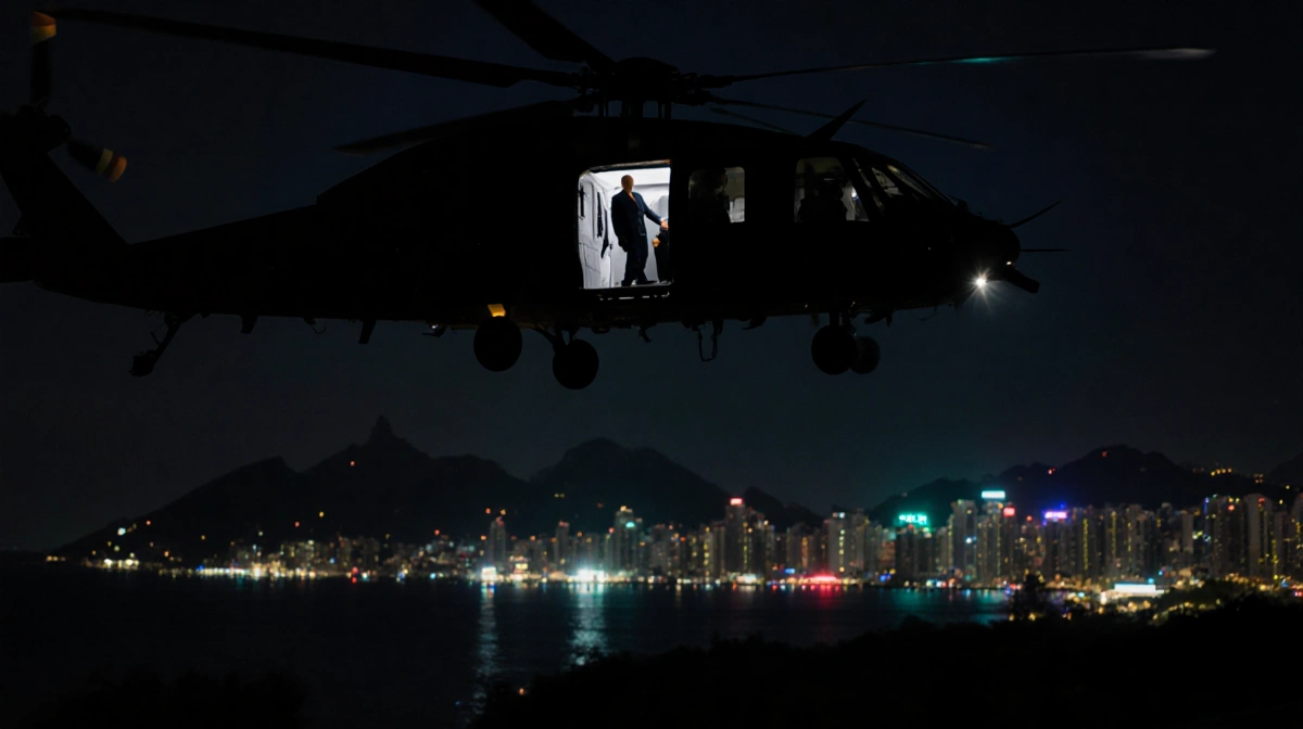 Helicopter lifts President Maduro with Venezuelan skyline and neon lights reflecting off Caribbean Sea