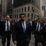 Nicolás Maduro escorted by law enforcement through Lower Manhattan streets with skyscrapers and pedestrians in background