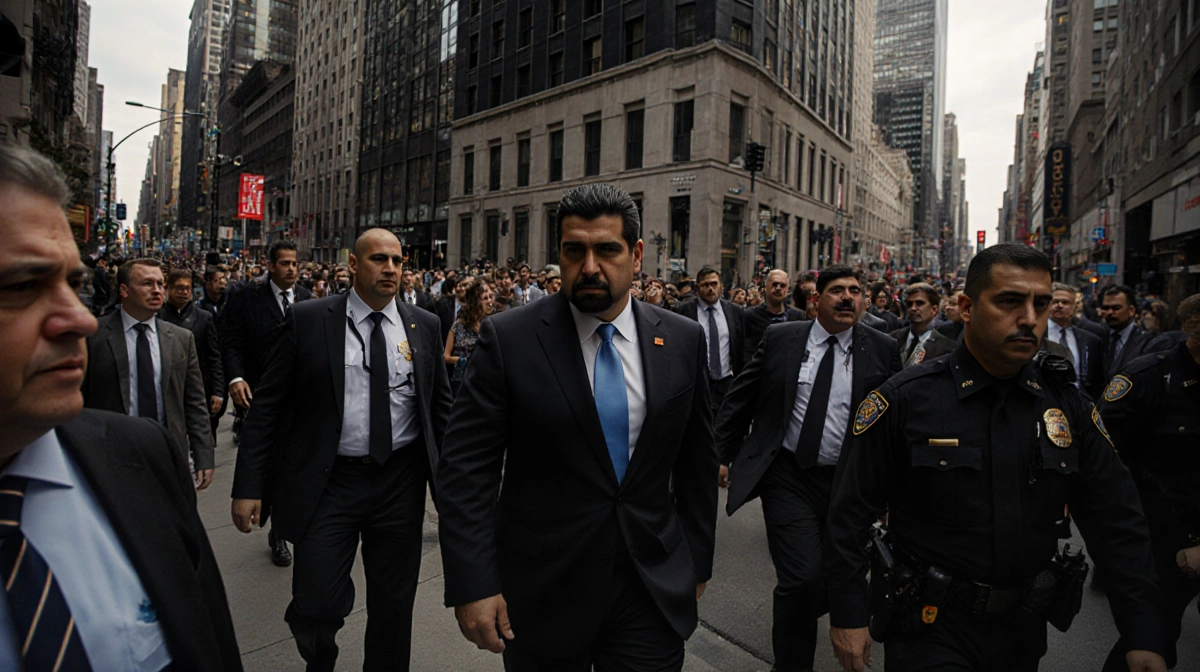 Nicolás Maduro escorted by law enforcement through Lower Manhattan streets with skyscrapers and pedestrians in background