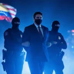 Maduro being led by masked agents with blue night lighting and a blurred American flag in the background