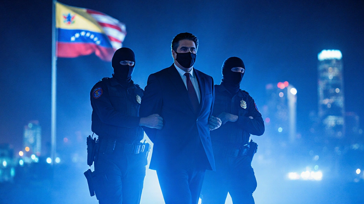 Maduro being led by masked agents with blue night lighting and a blurred American flag in the background