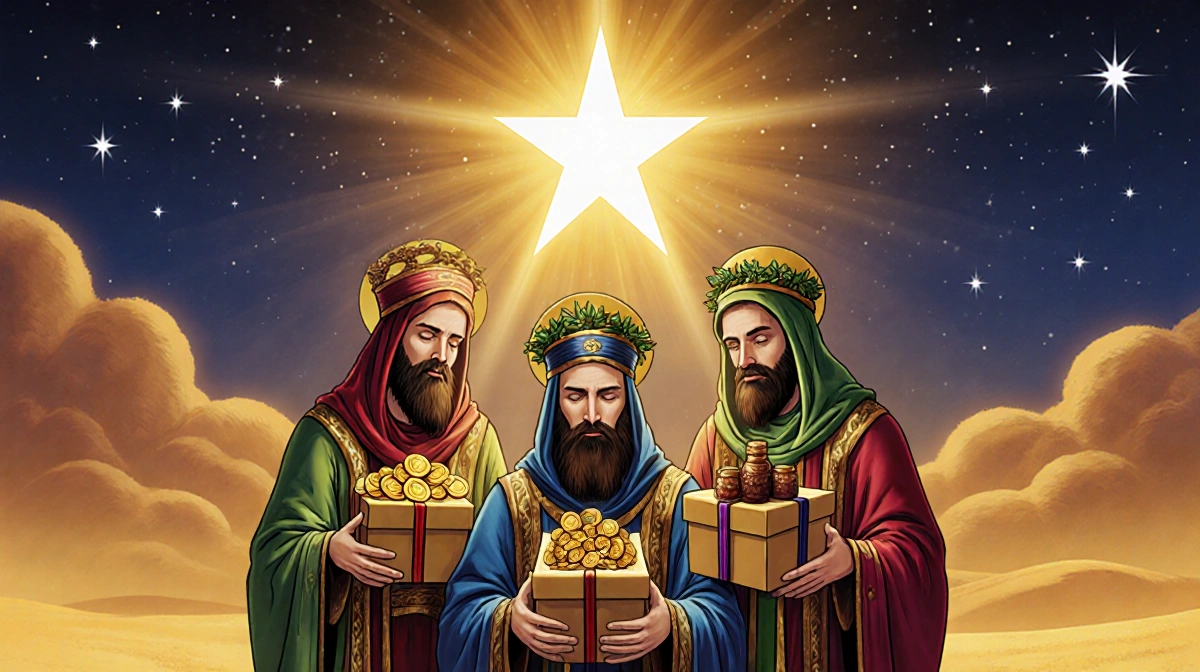 Three Magi gathering around a radiant star with golden background and each holding a gift of gold incense and myrrh.