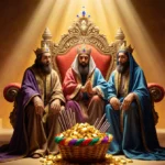 Three Magi gather around ornate throne with golden light and overflowing basket of gifts