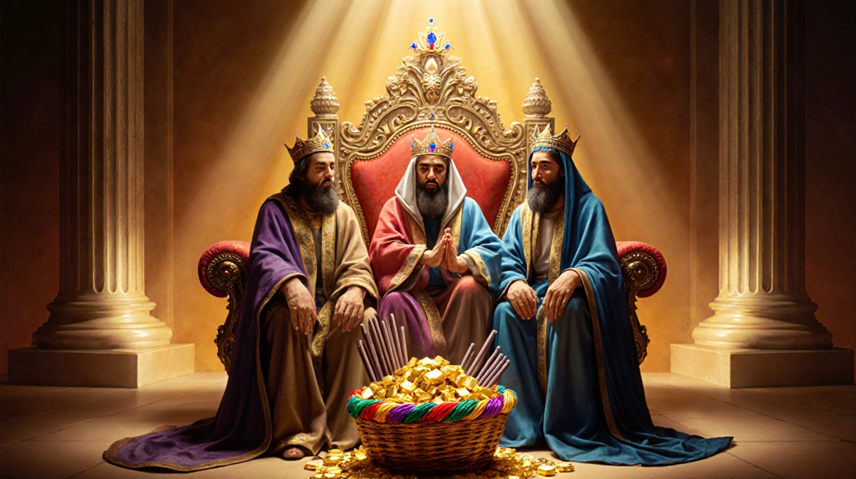 Three Magi gather around ornate throne with golden light and overflowing basket of gifts