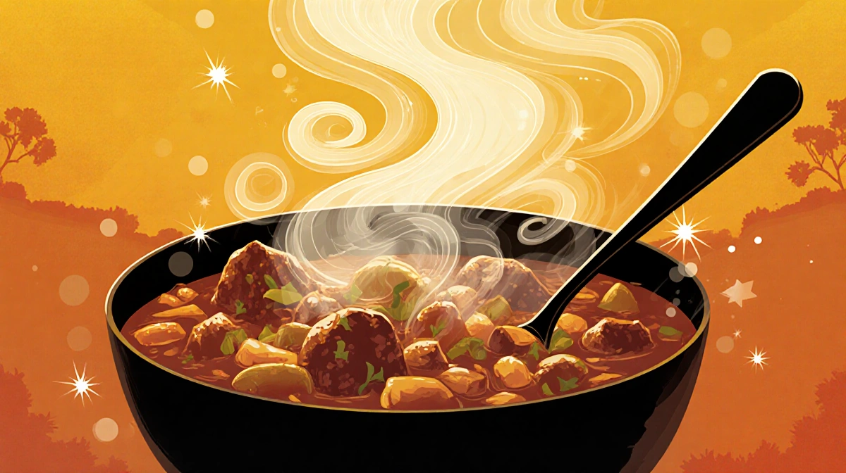 Bowl of Louisiana-style gumbo steaming under a golden sky, spoon stirring while tiny sparks swirl in the warm dusk light