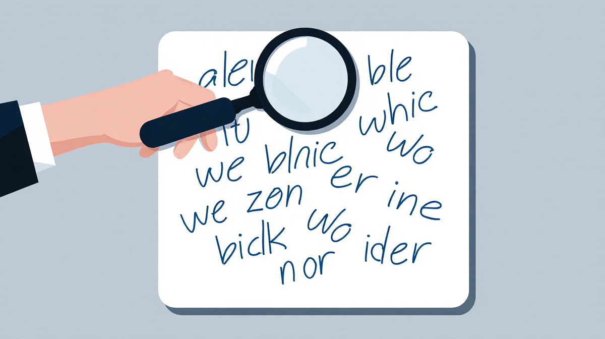 Magnifying glass hovering over whiteboard with scribbled letters and possible words and filtering Wordle options