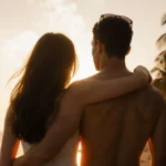 Maika Monroe and Dalton Gomez embracing on Brazilian beach at sunset with palm trees and ocean waves