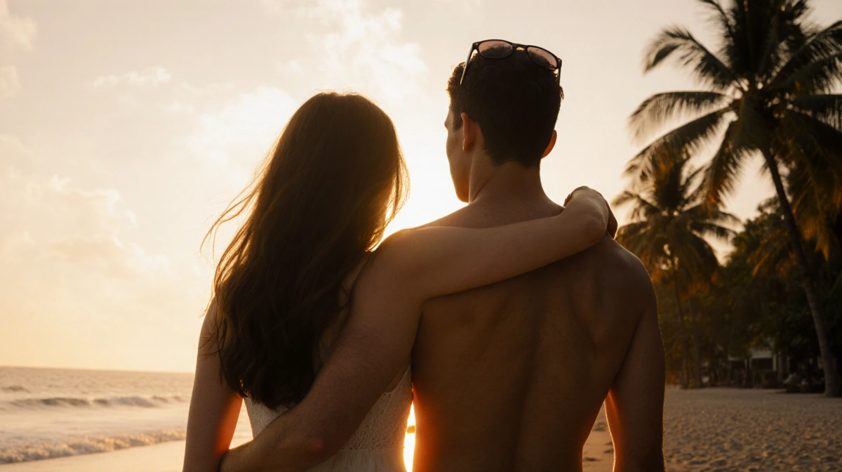 Maika Monroe and Dalton Gomez embracing on Brazilian beach at sunset with palm trees and ocean waves