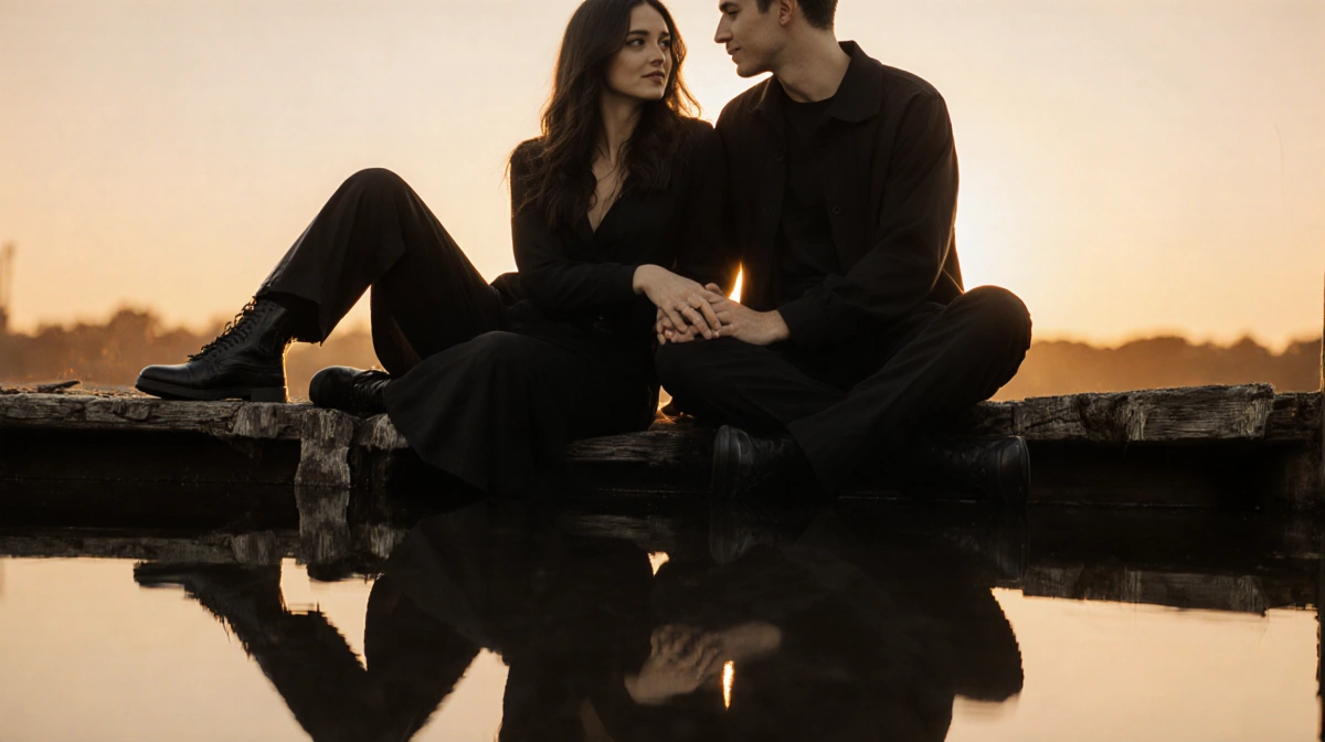 Maika Monroe and Dalton Gomez sit together on a weathered dock with intertwined hands and matching black outfits reflected in