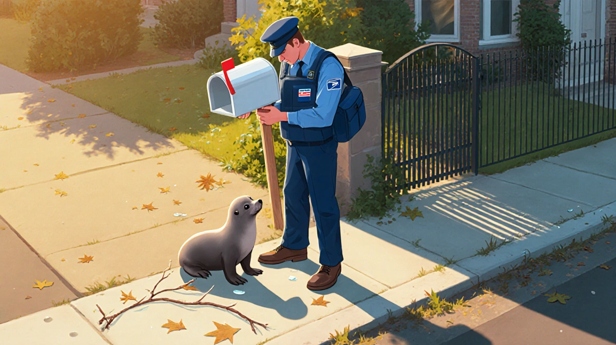 Mail carrier holding mailbox looks down at seal pup near garden gate with mailbag and morning light