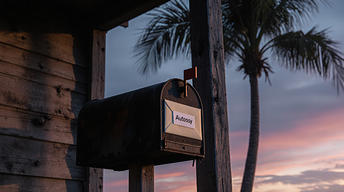Mailbox standing alone on a weathered porch with a cream envelope marked Autopsy and wispy palm trees casting shadows.