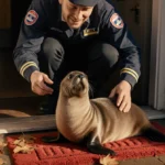 British mail carrier kneeling to pick up adorable seal pup with big brown eyes on red welcome mat with winter leaves and drif