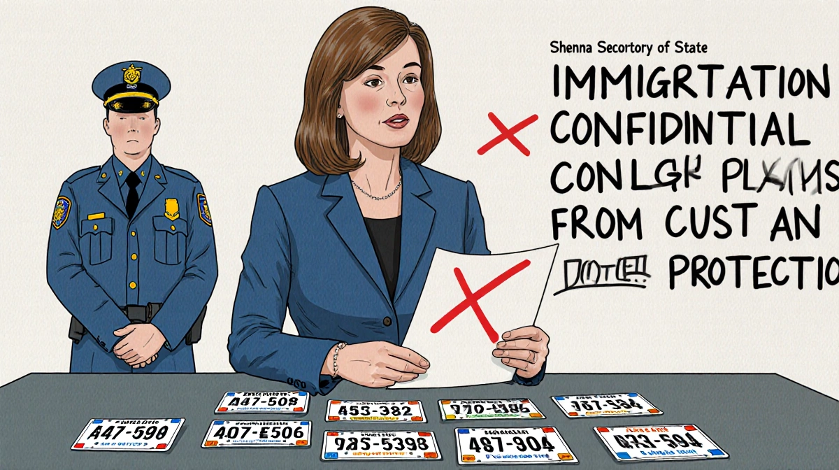 Maine Secretary of State Shenna Bellows rejecting confidential license plates request with red X document and CBP officers ne