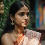 Maitreyi Ramakrishnan sits serenely with traditional headpiece and patterned cloth while Mumbai street art glows behind