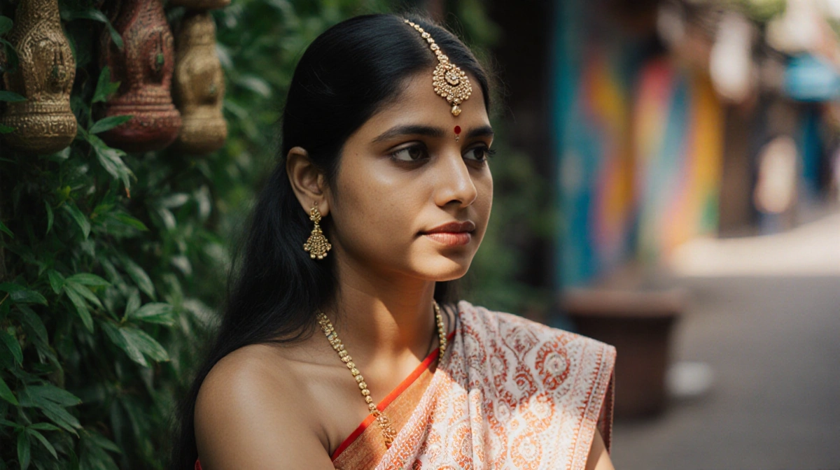 Maitreyi Ramakrishnan sits serenely with traditional headpiece and patterned cloth while Mumbai street art glows behind