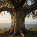 Majestic oak tree reaching skyward with golden sunlight filtering through leaves and misty forest horizon