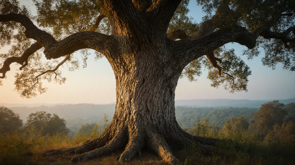 Majestic oak tree reaching skyward with golden sunlight filtering through leaves and misty forest horizon