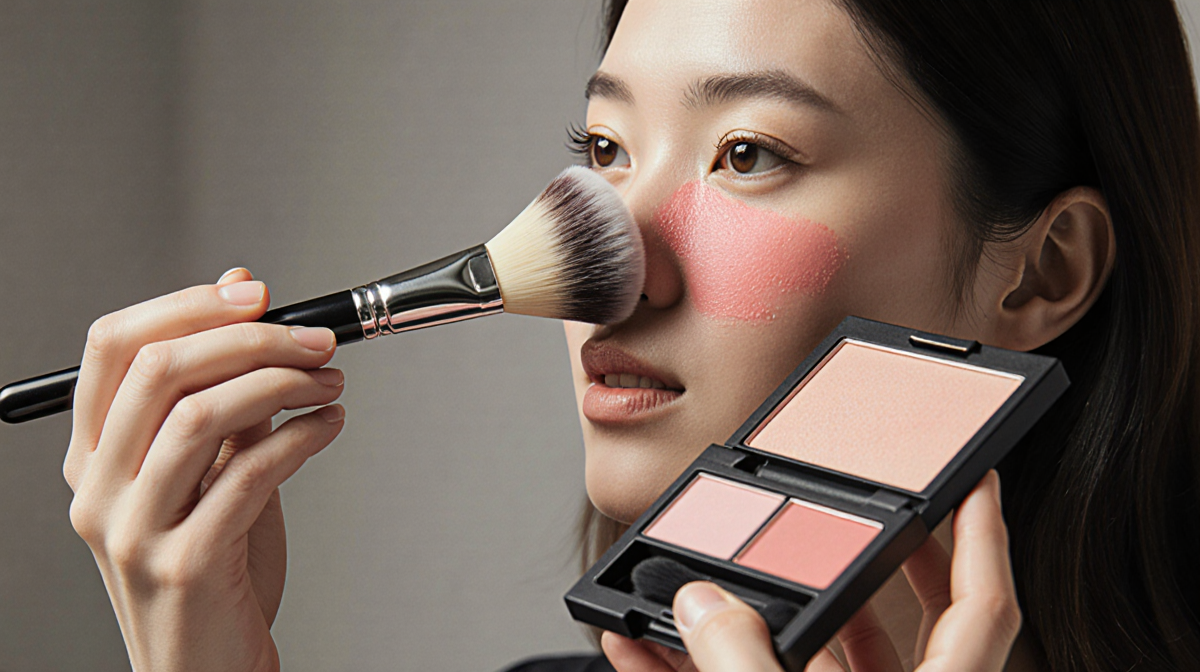 Kelsey Deenihan Fisher's hands holding a makeup brush applying pink blush to a model's cheek with sheen and palette.