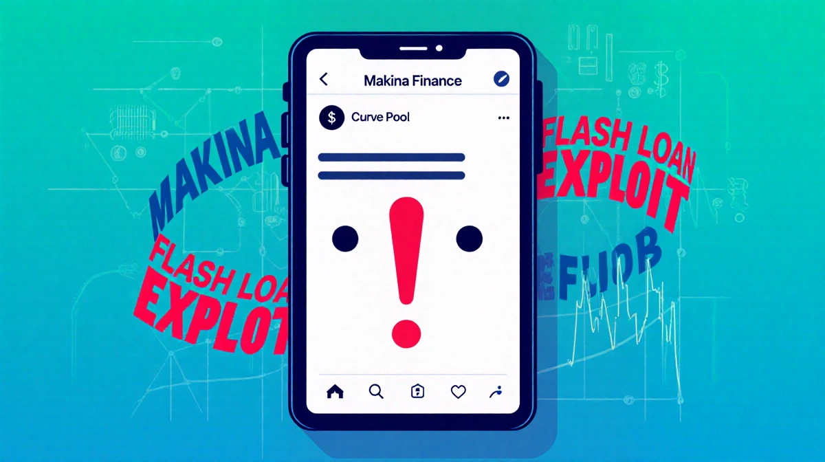 Smartphone shows concerned face with red exclamation mark and Makina Finance text warning about flash loan exploit with faint
