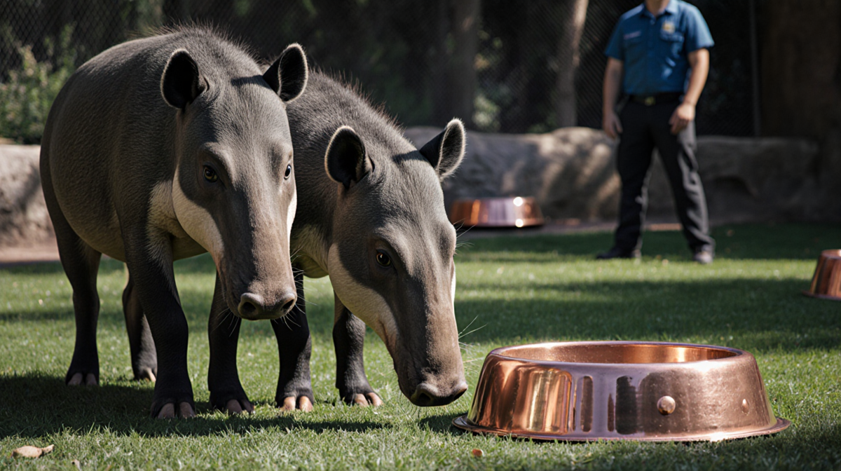 Two tapirs standing side by side in Denver Zoo enclosure with copper-colored bowls and long shadows across grass.