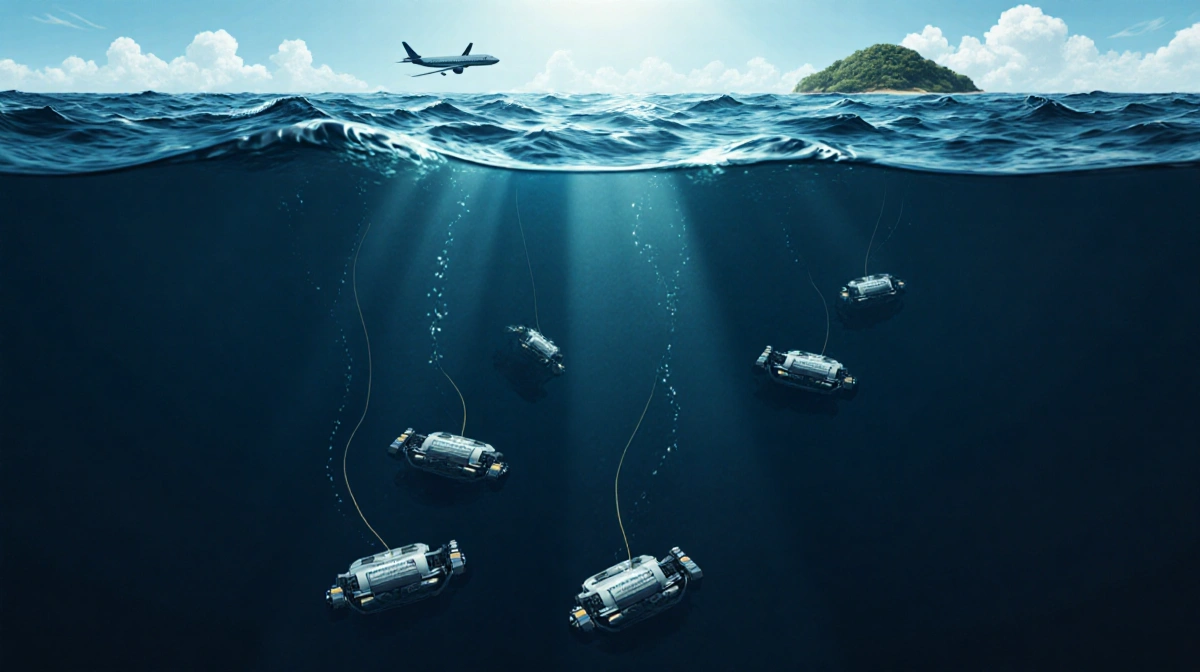 Fleet of underwater robots descending into dark ocean depths with sonar equipment and a faint plane outline seen beyond waves