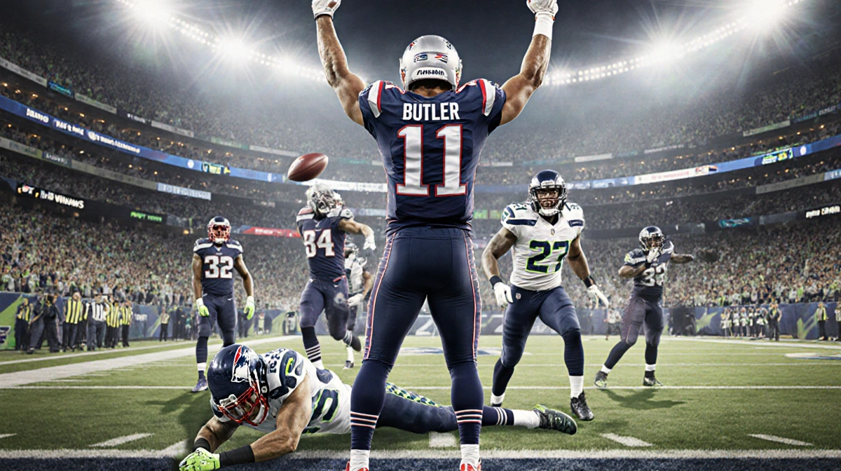 Malcolm Butler celebrates his Super Bowl XLIX interception with Seahawks players looking disappointed and stadium lights behi