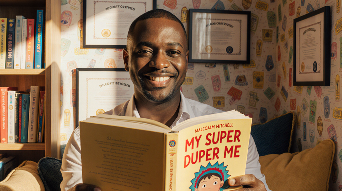 Malcolm Mitchell smiles while holding My Super Duper Me in a reading nook with colorful books in golden light