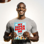 Malcolm Mitchell author standing proudly holding My Super Duper Me with smile and sunny backdrop with football hinting past