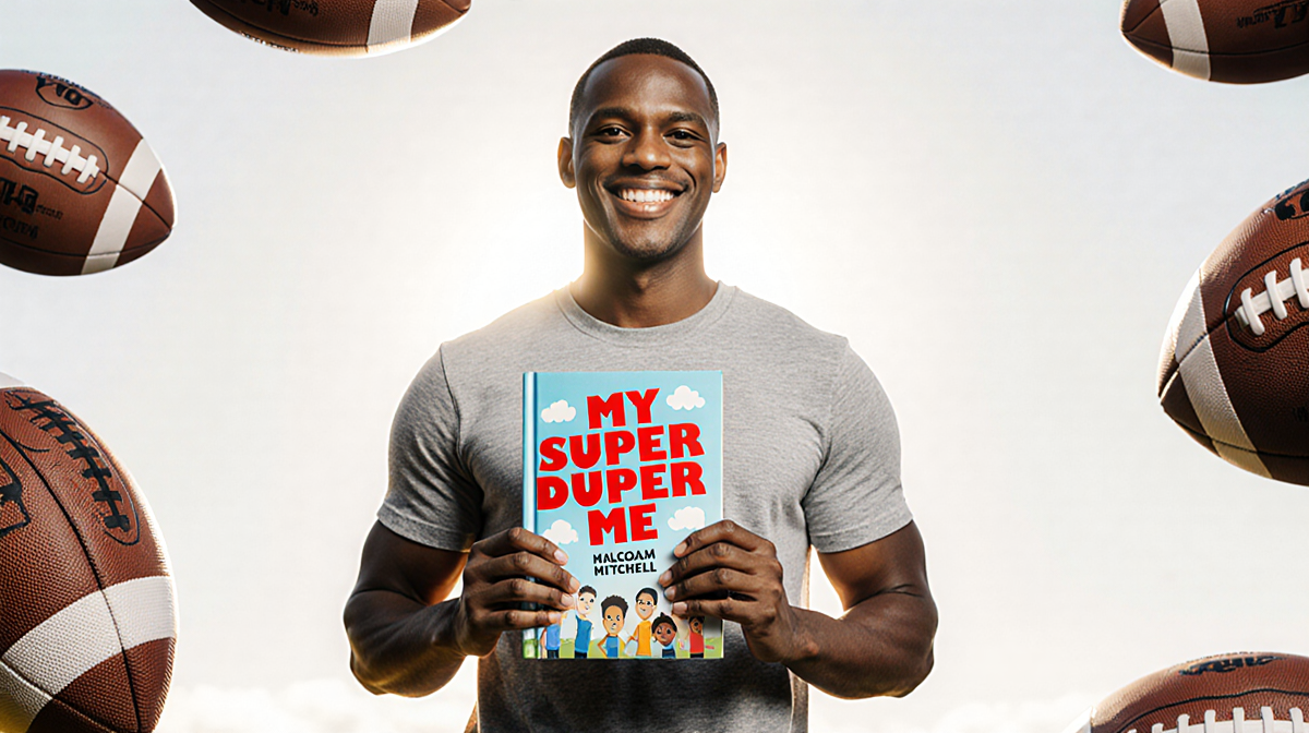 Malcolm Mitchell author standing proudly holding My Super Duper Me with smile and sunny backdrop with football hinting past