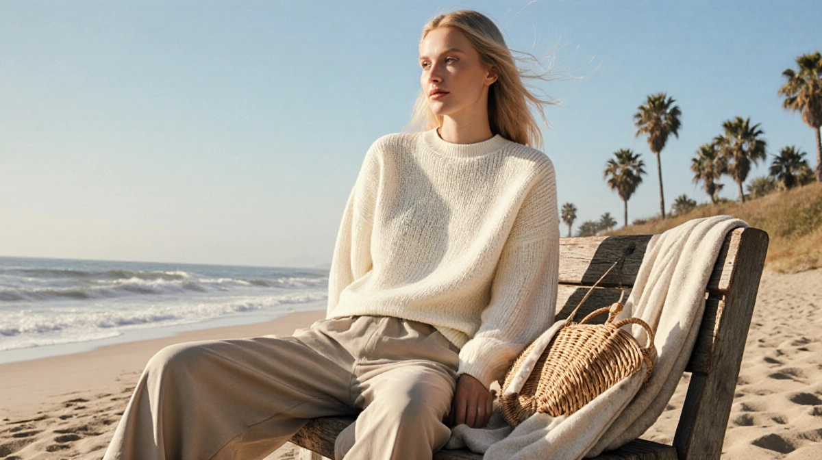 Woman relaxes on weathered bench wearing ivory sweater with palm trees and ocean waves behind