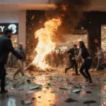 Panicked shoppers fleeing mall fire with flames and debris surrounding escape route