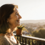 Mamie Laverock standing on balcony with sunlight on hair looking over potted plants and railing