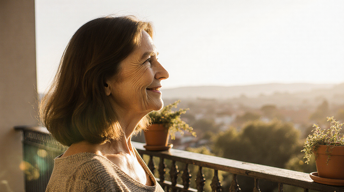 Mamie Laverock standing on balcony with sunlight on hair looking over potted plants and railing