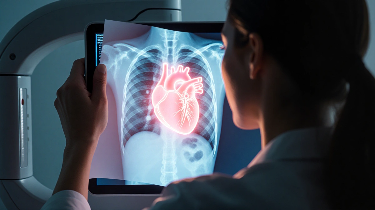 Mammography machine draped with a chart and a glowing heart illustration beneath breast tissue patterns