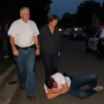 A middle-aged man clutches his chest in pain on a suburban street with his distraught wife holding him as police lights flash