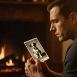 Man sitting by fireplace with golden light holding old photograph of puppy showing nostalgia and loss