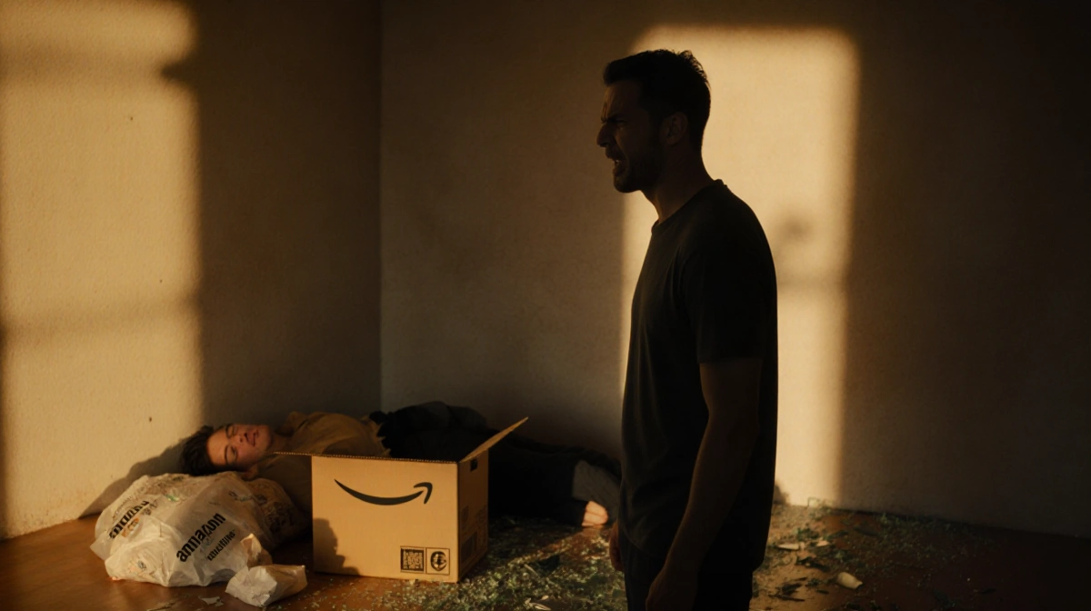 Man stands in anguish near motionless body with shattered Amazon delivery and golden shadows