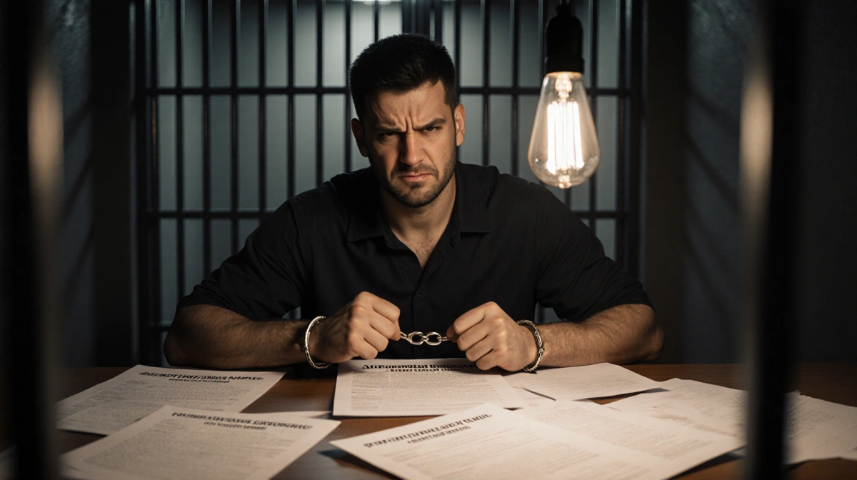 Man sits handcuffed at desk with court papers showing aggravated premeditated murder charges and jail bars in background