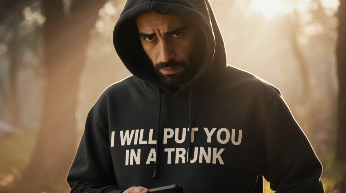 Man wearing hoodie with threatening message looking concerned while holding phone and standing with blurred background