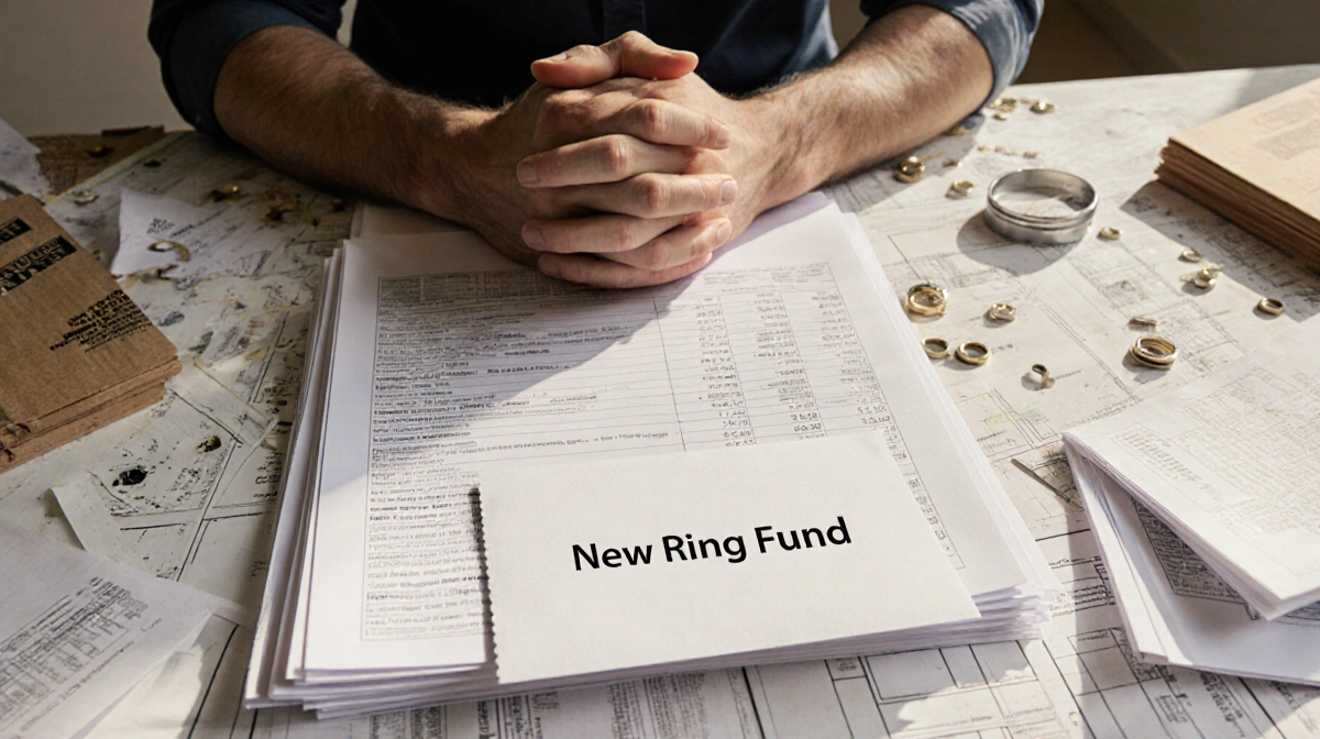 Man studying construction plans and insurance estimates with New Ring Fund envelope on desk showing dedication