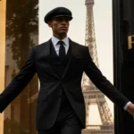 Man striding down catwalk with arms outstretched and Eiffel Tower reflection in boutique window behind