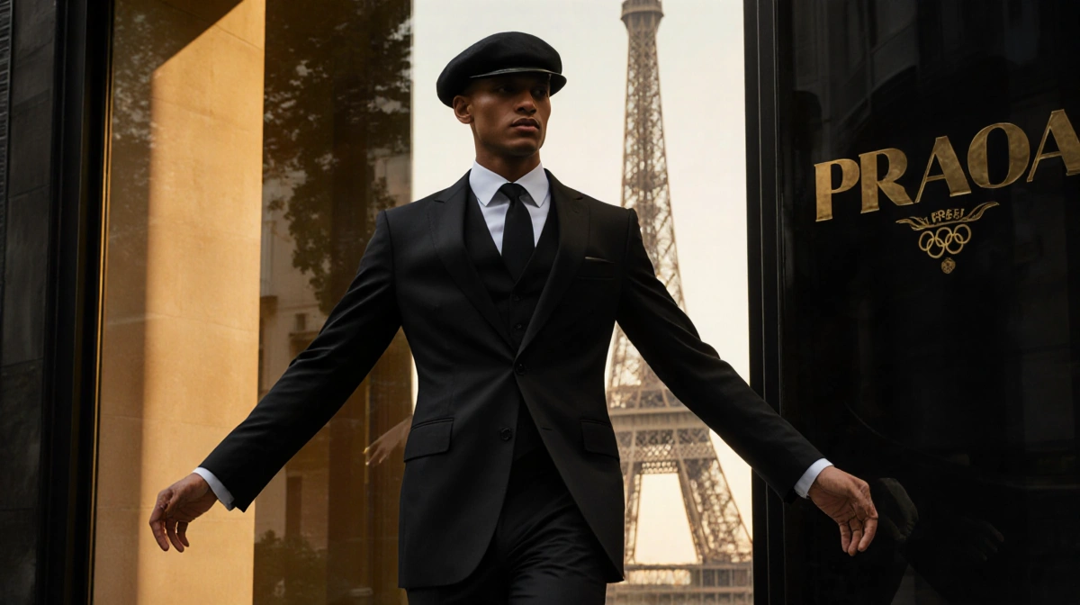 Man striding down catwalk with arms outstretched and Eiffel Tower reflection in boutique window behind