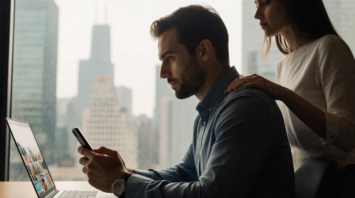 Man scrolling Instagram Stories on phone with wife touching his shoulder and Chicago skyline behind them