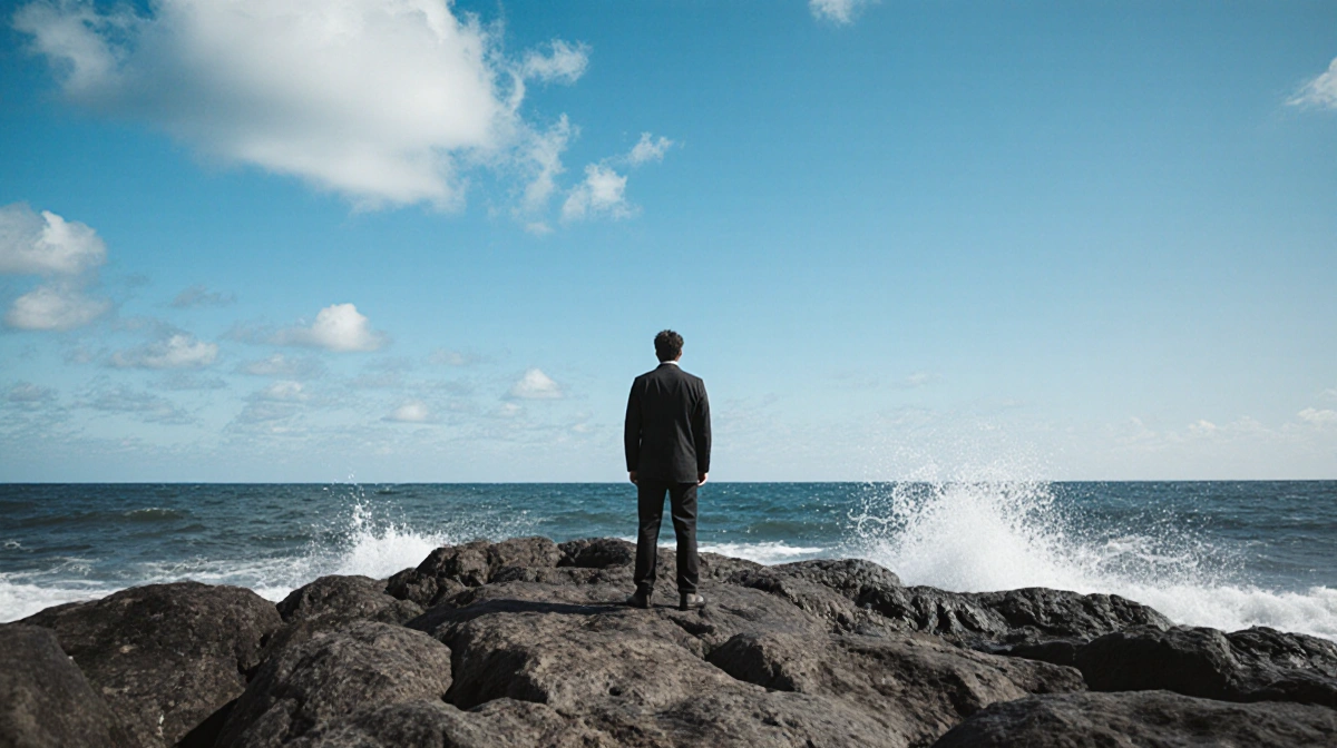 Man stands alone on rocky coastline with ocean waves crashing behind him