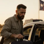 Man stepping out of car holding suitcase with American flag and Texas highway behind him