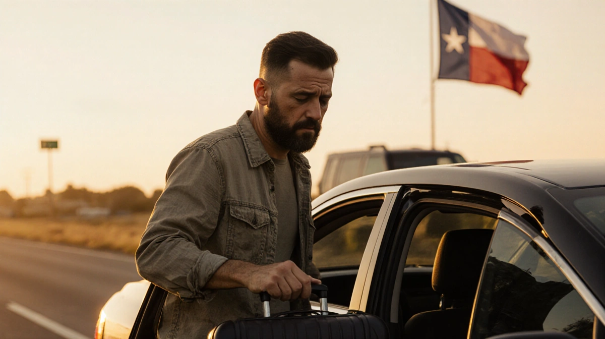 Man stepping out of car holding suitcase with American flag and Texas highway behind him