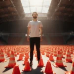 Man stands in endless traffic cone field with warm sunlight and playful expression