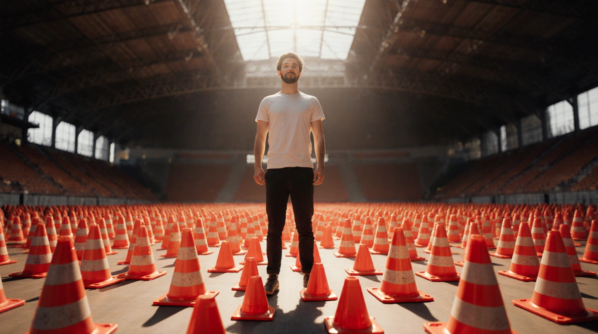 Man stands in endless traffic cone field with warm sunlight and playful expression